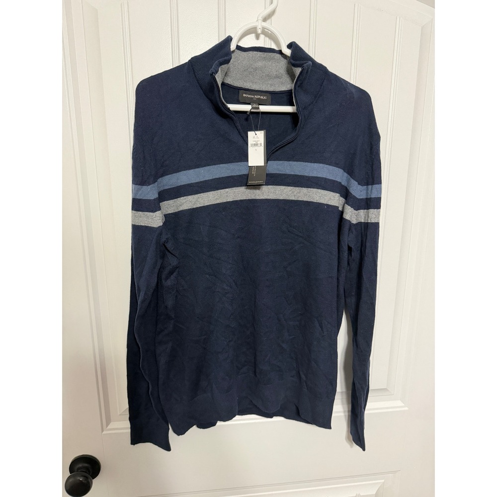 Banana Republic Sweater Mens Large Navy Blue Striped Silk Cashmere Blend NEW
